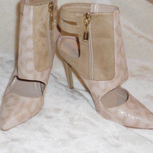 Bebe 6 Pink/Tan Faux Snakeskin Stiletto Heels Side Zip Faux Suede Detail